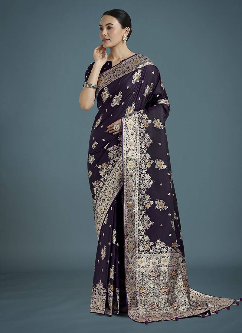 dark purple zari woven banarasi satin silk saree 