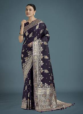 dark purple zari woven banarasi satin silk blend saree  2