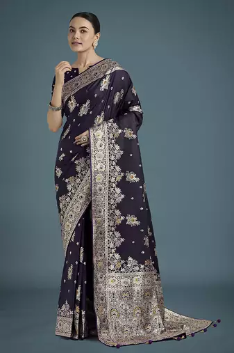 dark purple zari woven banarasi satin silk blend saree 