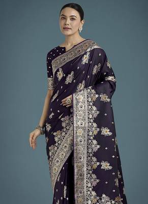 dark purple zari woven banarasi satin silk blend saree  3