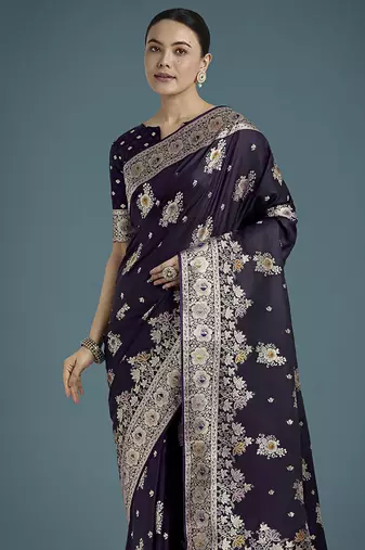 dark purple zari woven banarasi satin silk blend saree 