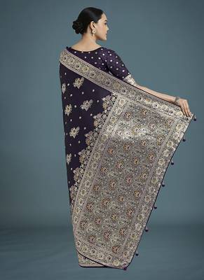 dark purple zari woven banarasi satin silk blend saree  4