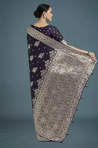 dark purple zari woven banarasi satin silk blend saree 