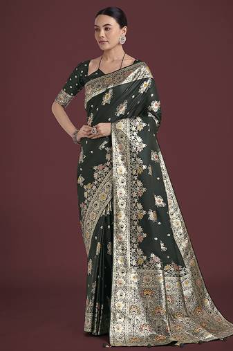 dark green zari woven banarasi satin silk saree 