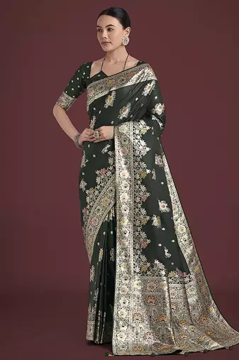 dark green zari woven banarasi satin silk saree 