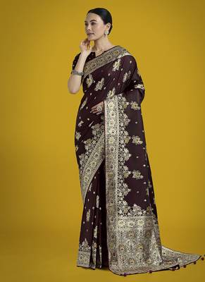 dark maroon zari woven banarasi satin silk blend saree  1