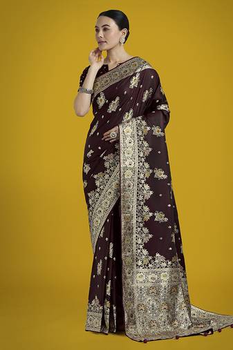 dark maroon zari woven banarasi satin silk saree 