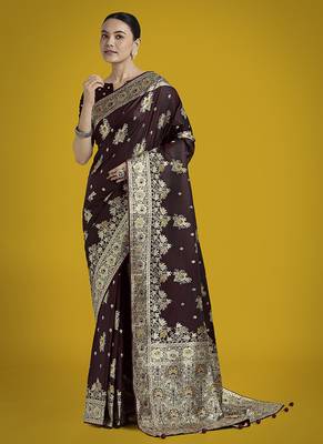dark maroon zari woven banarasi satin silk blend saree  2