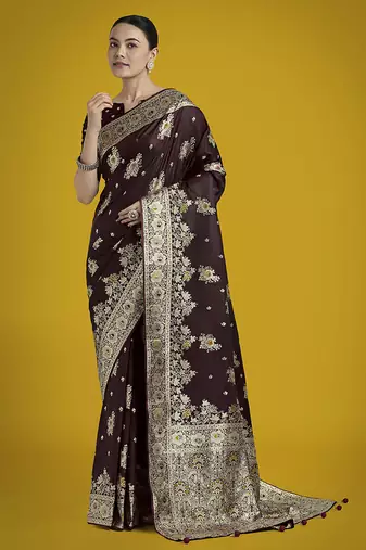 dark maroon zari woven banarasi satin silk blend saree 