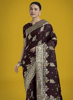 dark maroon zari woven banarasi satin silk blend saree  3