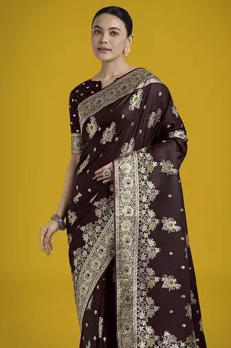 dark maroon zari woven banarasi satin silk blend saree 
