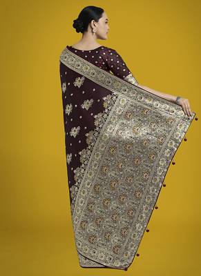 dark maroon zari woven banarasi satin silk blend saree  4