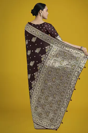 dark maroon zari woven banarasi satin silk blend saree 