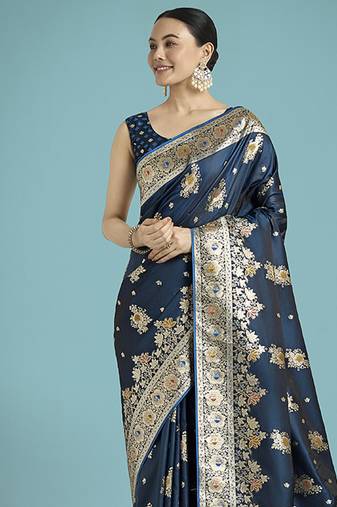 dark teal zari woven banarasi satin silk saree 