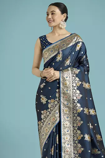 dark teal zari woven banarasi satin silk saree 