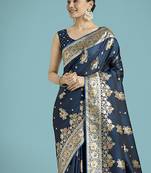 dark teal zari woven banarasi satin silk saree 