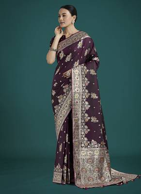 dark wine zari woven banarasi satin silk blend saree  1