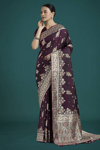 dark wine zari woven banarasi satin silk saree 