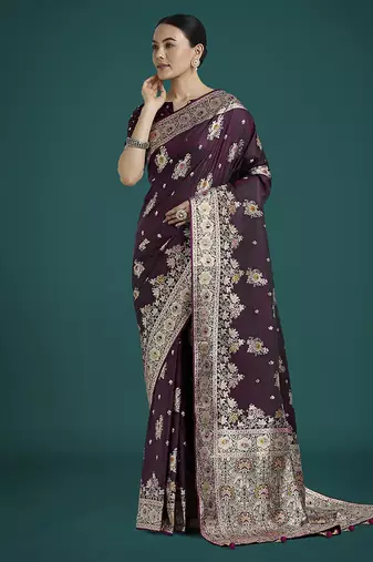 dark wine zari woven banarasi satin silk saree 