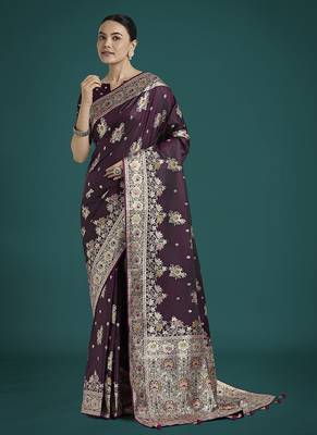 dark wine zari woven banarasi satin silk blend saree  2