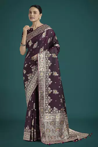 dark wine zari woven banarasi satin silk blend saree 
