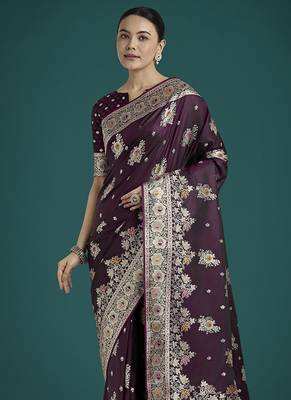 dark wine zari woven banarasi satin silk blend saree  3