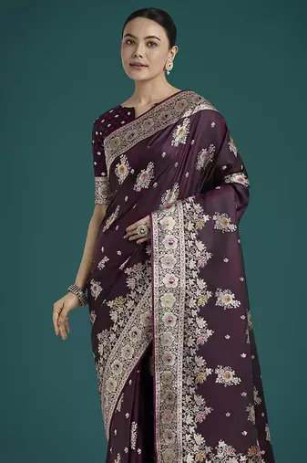 dark wine zari woven banarasi satin silk blend saree 