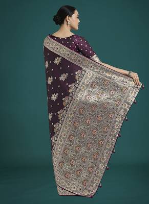 dark wine zari woven banarasi satin silk blend saree  4