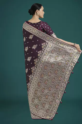 dark wine zari woven banarasi satin silk blend saree 