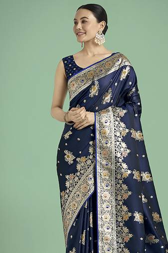 dark blue zari woven banarasi satin silk saree 