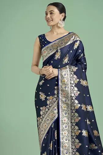 dark blue zari woven banarasi satin silk saree 