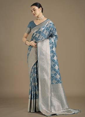 cyan blue banarasi satin silk blend saree with zari woven pallu & blouse piece 1