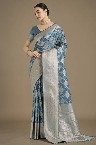 cyan blue banarasi satin silk saree with zari woven pallu & blouse piece