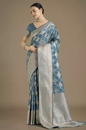 cyan blue banarasi satin silk saree with zari woven pallu & blouse piece