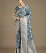 cyan blue banarasi satin silk saree with zari woven pallu & blouse piece