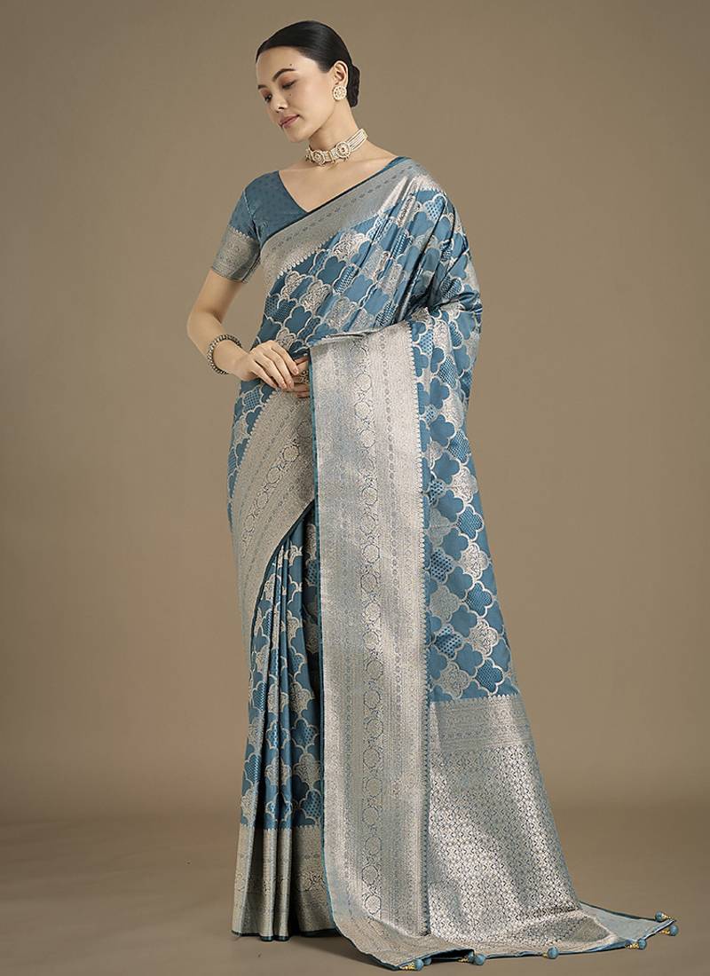 cyan blue banarasi satin silk saree with zari woven pallu & blouse piece