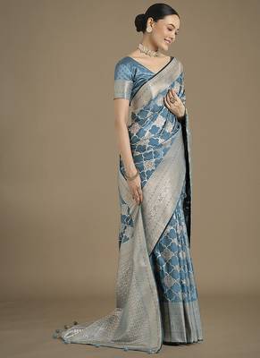 cyan blue banarasi satin silk blend saree with zari woven pallu & blouse piece 2