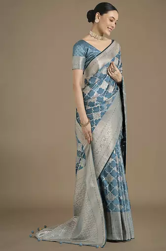 cyan blue banarasi satin silk blend saree with zari woven pallu & blouse piece