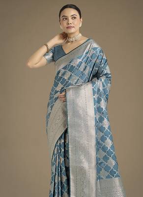 cyan blue banarasi satin silk blend saree with zari woven pallu & blouse piece 3