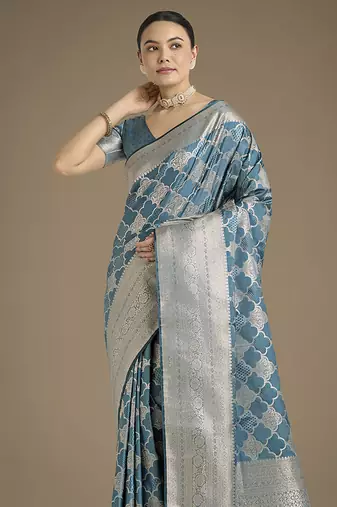 cyan blue banarasi satin silk blend saree with zari woven pallu & blouse piece