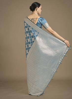 cyan blue banarasi satin silk blend saree with zari woven pallu & blouse piece 4