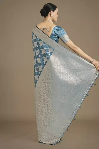 cyan blue banarasi satin silk blend saree with zari woven pallu & blouse piece
