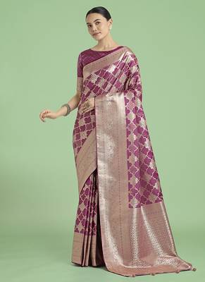 rose pink banarasi satin silk blend saree with zari woven pallu & blouse piece 1