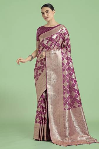 rose pink banarasi satin silk saree with zari woven pallu & blouse piece