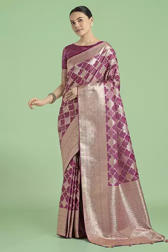 rose pink banarasi satin silk saree with zari woven pallu & blouse piece
