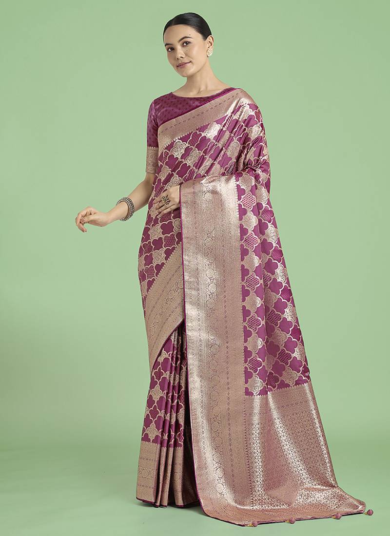 rose pink banarasi satin silk saree with zari woven pallu & blouse piece