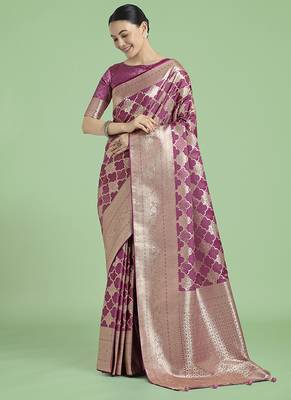rose pink banarasi satin silk blend saree with zari woven pallu & blouse piece 2