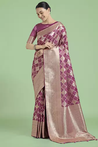 rose pink banarasi satin silk blend saree with zari woven pallu & blouse piece