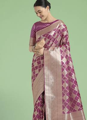 rose pink banarasi satin silk blend saree with zari woven pallu & blouse piece 3