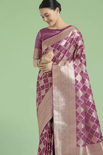 rose pink banarasi satin silk blend saree with zari woven pallu & blouse piece
